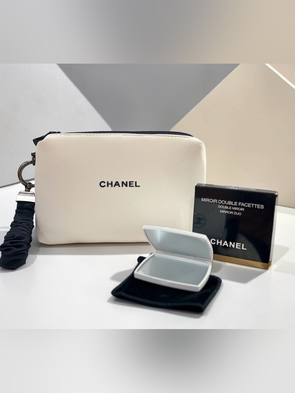 Chanel Beaute Bags | White Neoprene Cosmetic Pouch Wristlet + Mirror - NIB/GWP